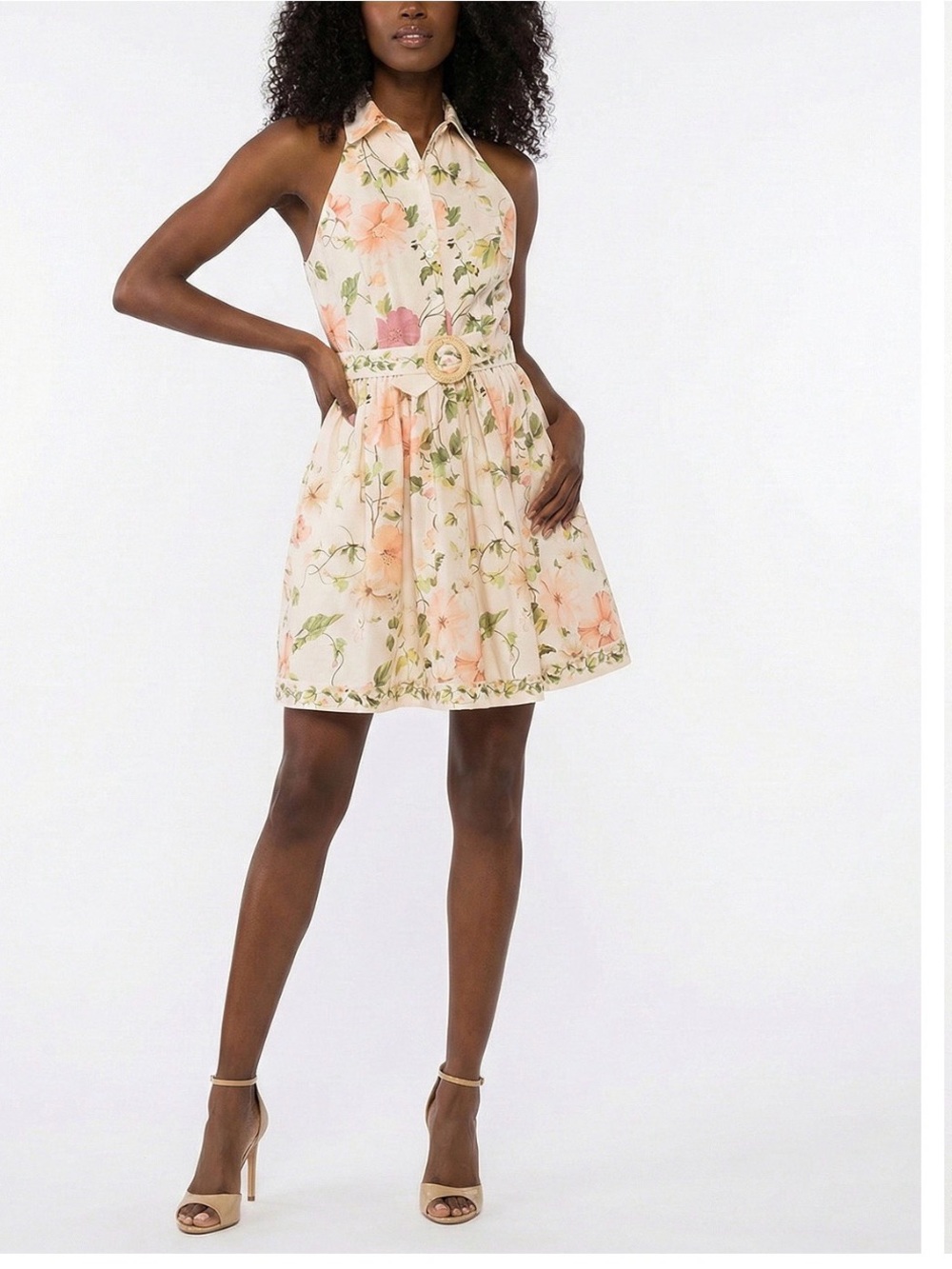 Taylor Peach and Cream Floral Halter Mini Dress 6p